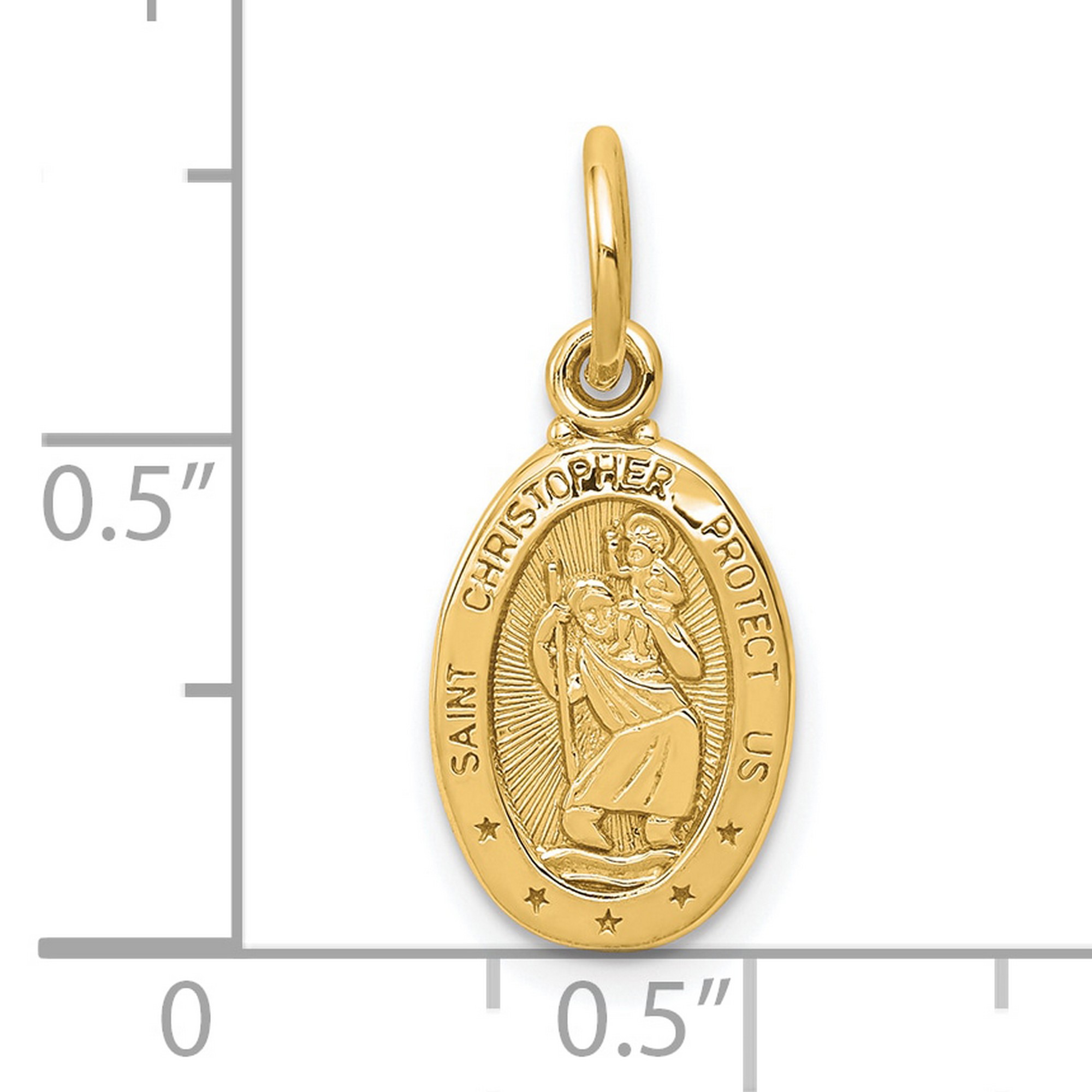 10k Yellow Gold Solid Oval Five Star Saint Christopher Protect Us Words Pendant 13 mm x 9 mm
