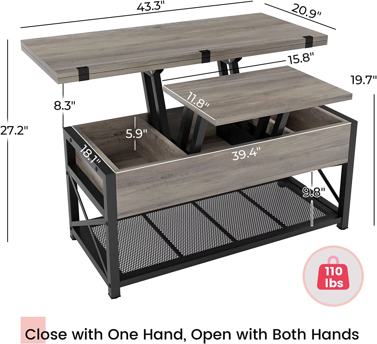 43" Lift Top Coffee Table 3 in 1 Multi-Function Grey Coffee Table with Storage for Living Room Dining Reception Room - Curated Treasures Market