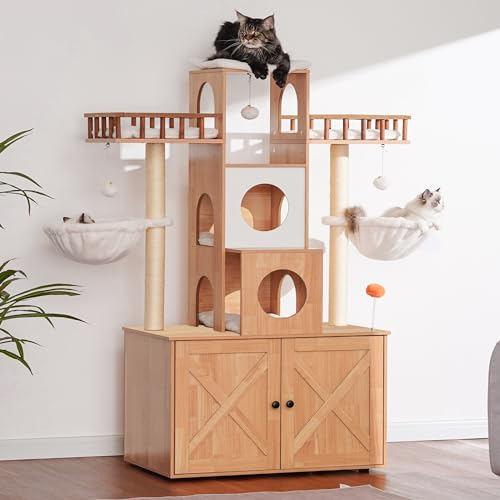 Heybly Cat Tree with Litter Box Enclosure for Indoor Big Cat, Cat Tower for Large Cats 20 lbs Heavy Duty