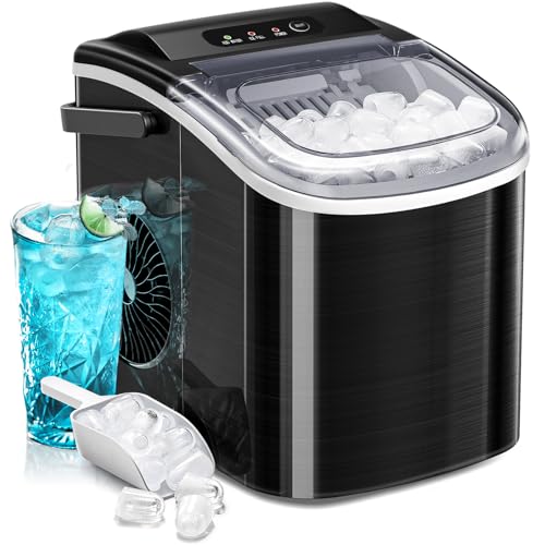 AGLUCKY Ice Makers Countertop with Handle,26.5Lbs/24H,9 Cubes in 6 Mins,2 Sizes of Bullet Ice,Portable Ice Maker Machine with Self-Cleaning