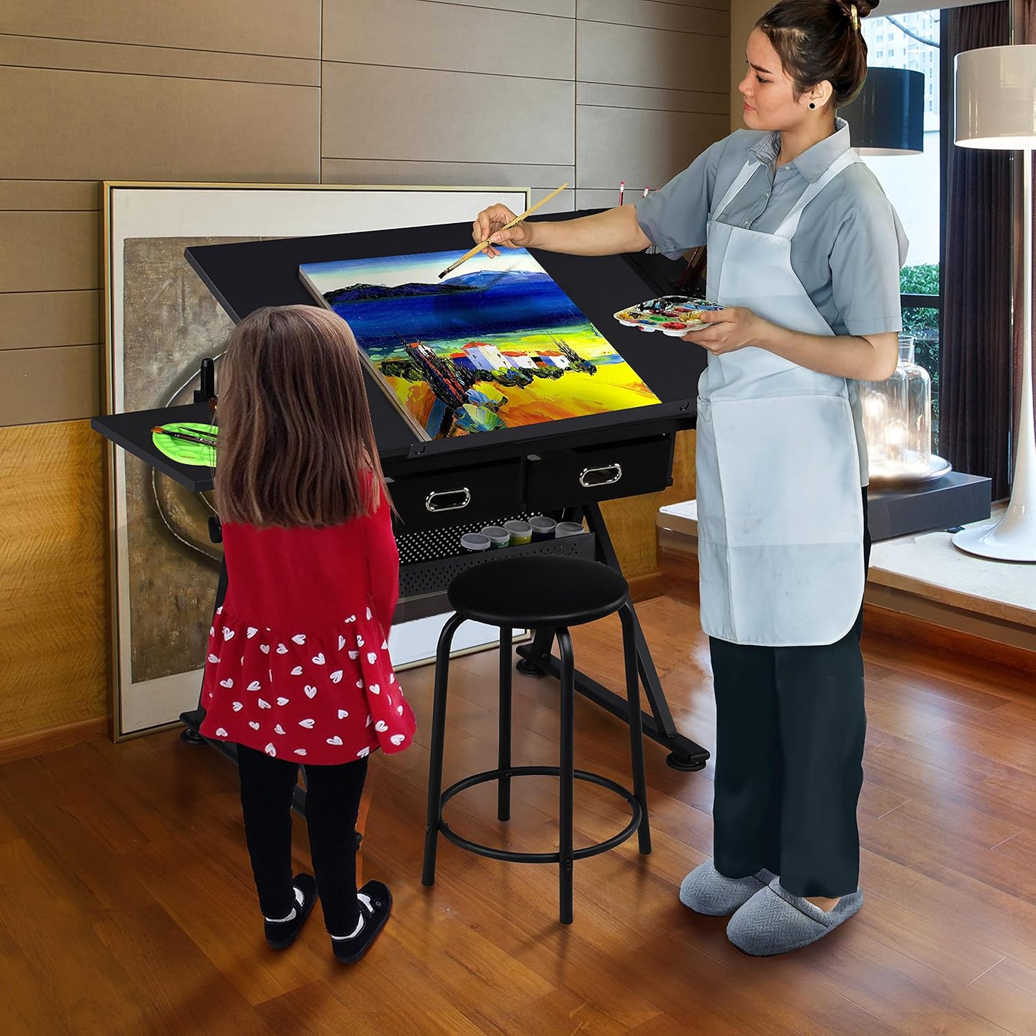 Yaheetech Art Craft Table Drawing Table Height Adjustable Drafting Desk Work Station with Tiltable Tabletop w/Stool and 2 Storage Drawers for Reading