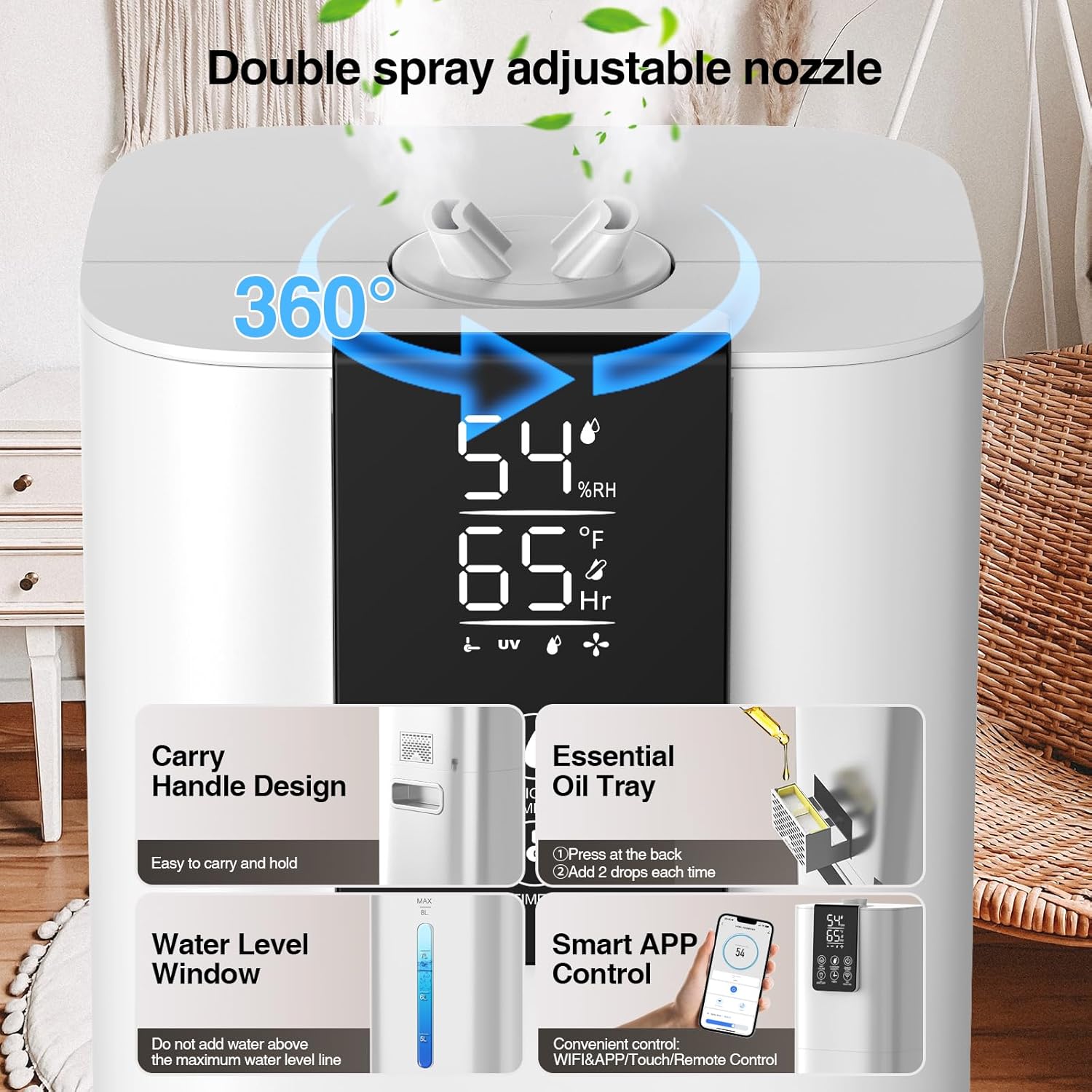 Smart Humidifiers Large Room Bedroom Home, 8L Top Fill Cold Mist Humidifiers with 3 Adjustable Mist Levels, Smart App & Remote Control, 48H Runtime