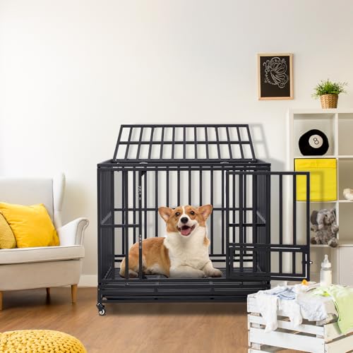 Outvita Heavy Duty Dog Crate,42" Large Metal Wire Dog Kennel, Chew Proof Dog Cage with Lockable Wheels, Plastic Try