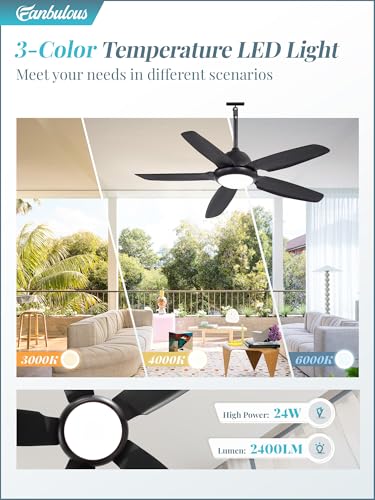 42 Inch Waterproof Outdoor Ceiling Fan with Lights and Remote,IP65 Hanging Gazebo Fan with 3CCT 6-Speed DC Motor