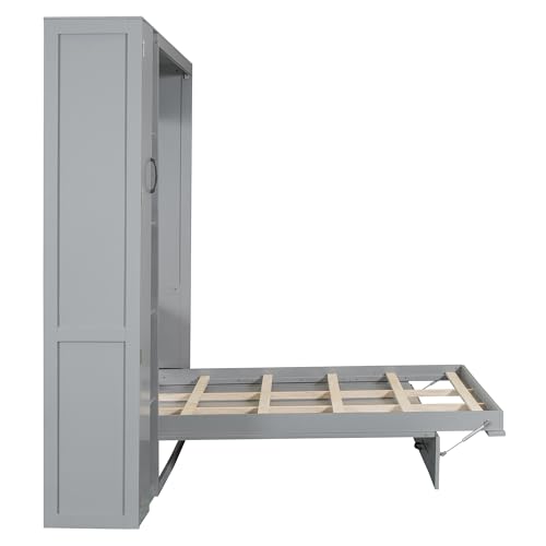 Full Size Murphy Wall Bed With Storage and Bookcase Headboard, Solid Wood Cabinets With Shelves, Drawers and USB Ports