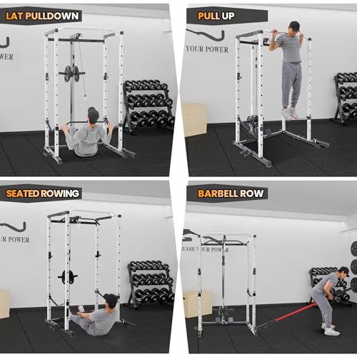 Power Cage with LAT Pulldown, Multi-Functional Power Rack with Cable Pulley System and J-Hooks, Squat Rack with Dip Bars and Landmine Attachment