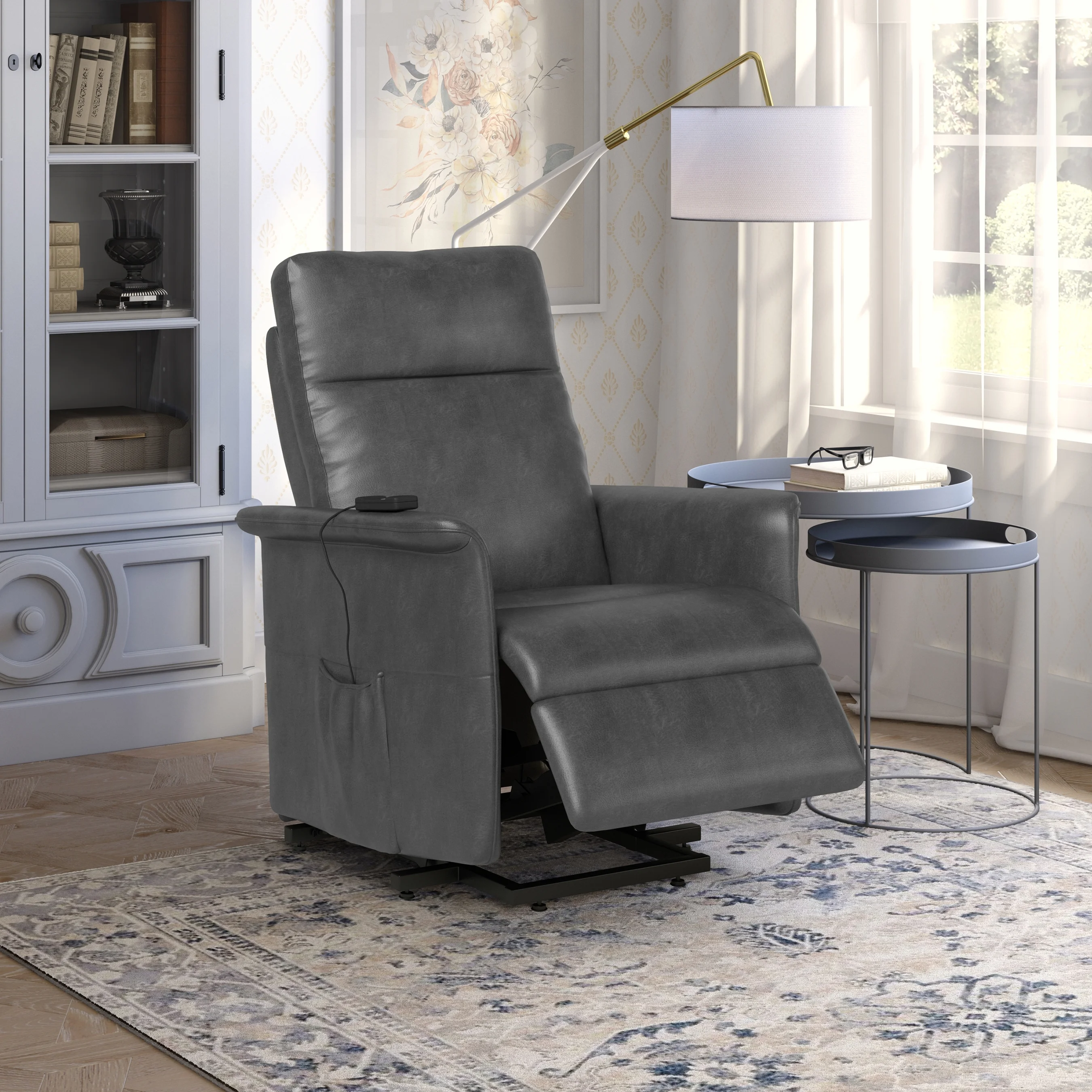 Homesvale Rowan Power Recline and Lift Chair, Gray Faux Leather