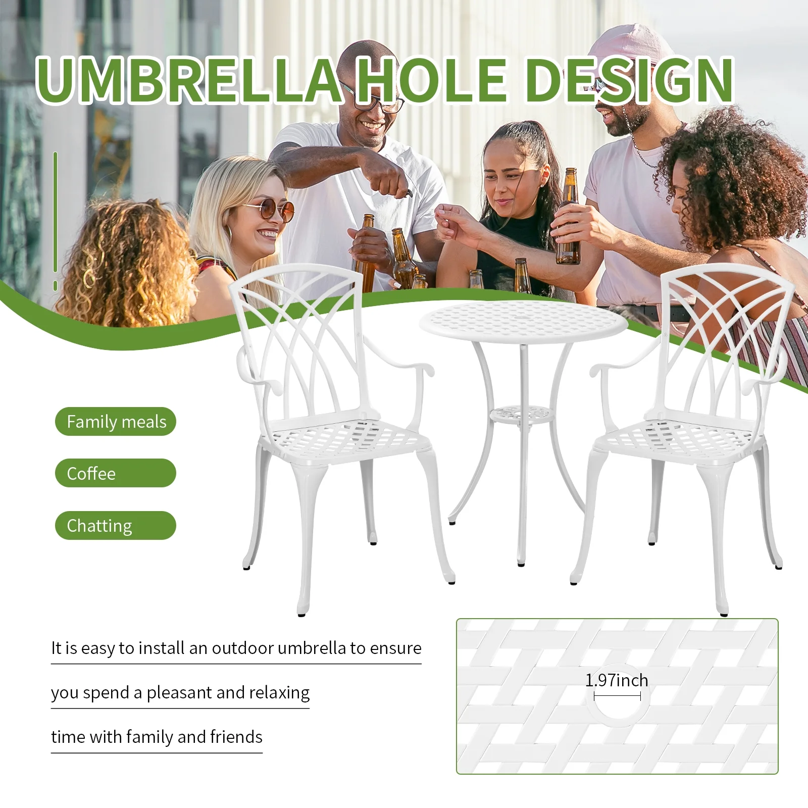 PATIO-IN 3 Piece Patio Set Outdoor Patio Furniture Set Cast Aluminum Bistro Table and Chairs Set of 2 with 1.97"Umbrella Hole for Garden,Yard,White