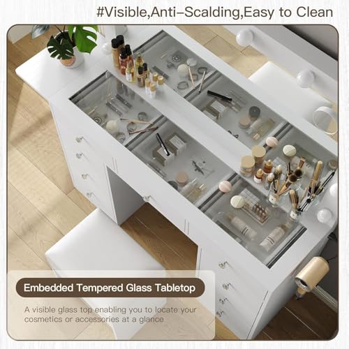 Vanity Desk with Power Outlet, 9 Drawers Makeup Vanity with Mirror and 12 LED Lights, 3 Lighting Modes, Glass Top Vanity Set, Fold-up Panel