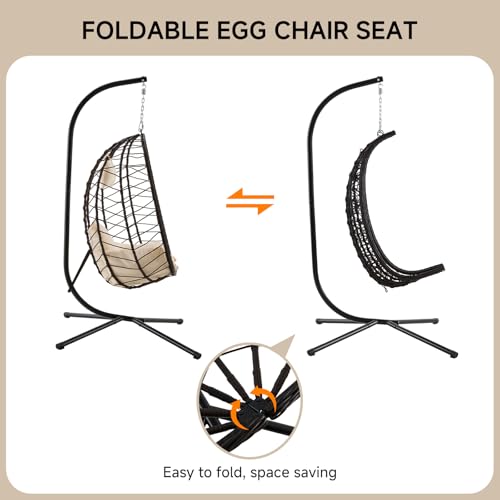Outdoor Hanging Egg Chair, Patio Wicker Swing Chair with Stand and Cushion, Wider Basket Seating