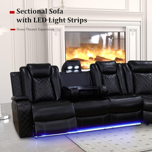 Leather Power Recliner Sectional Sofa with LED, Power Reclining Sectional Couch