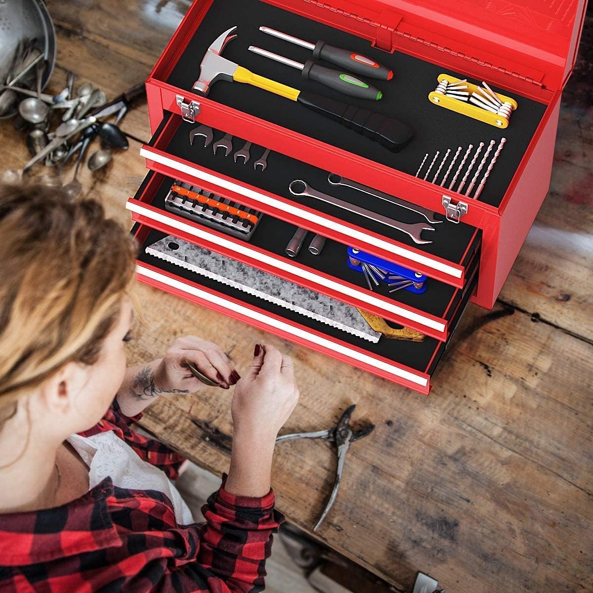 Happytools Portable Tool Box, Lockable Steel Tool Chest Cabinet w/ 3 Drawers & Top Tray, 3-Drawer Toolbox for Household, Warehouse, Repair shop