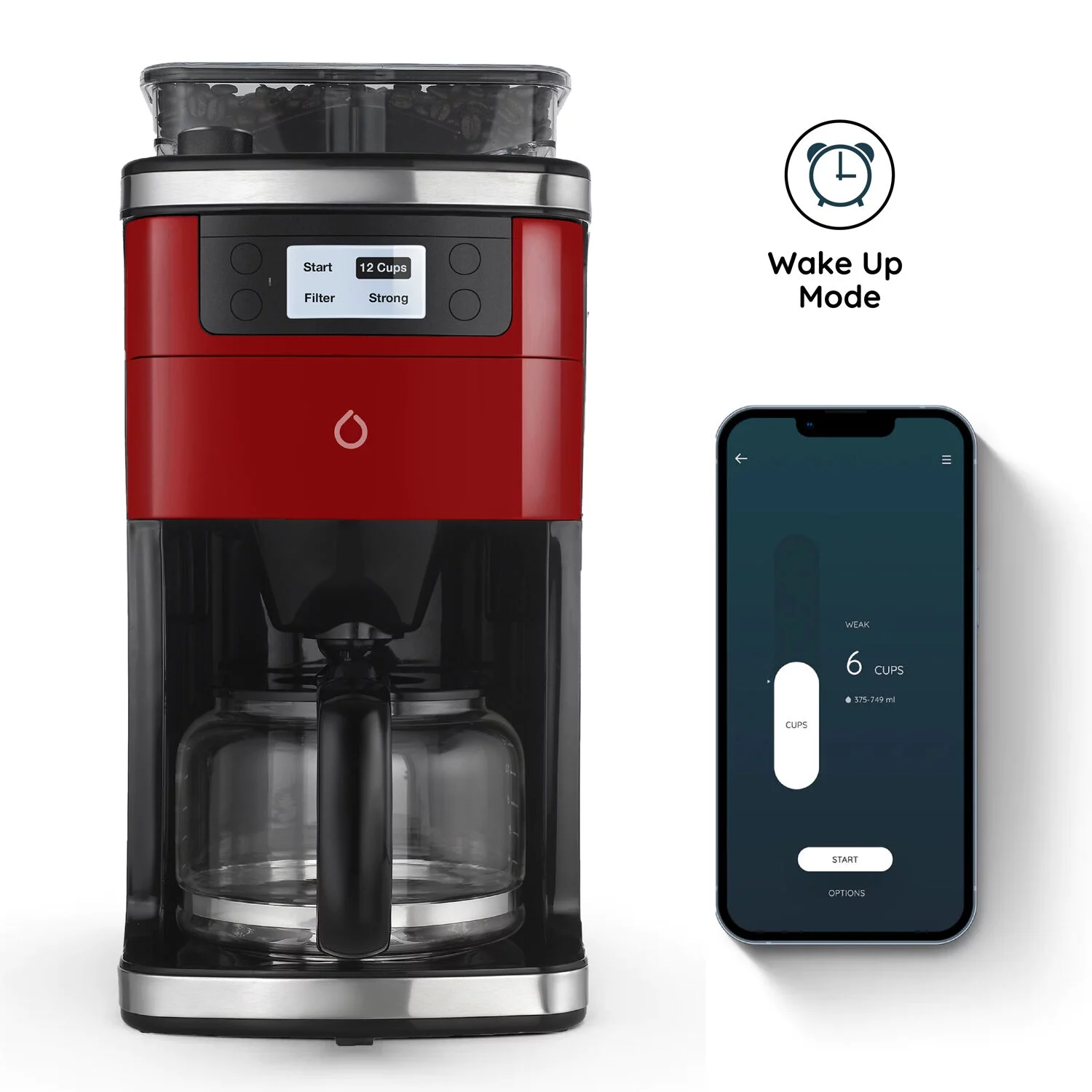 Smarter Brand iCoffee Brew Coffee Maker with Built-in Grinder and Smarter App, Red, New