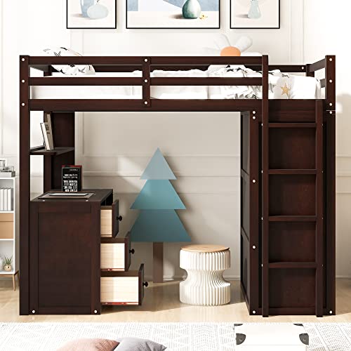 Harper & Bright Designs Full Size Loft Bed with Desk and Wardrobe, Solid Wood Loft Bed Frame with Storage Drawers, for Kids Teens Adults (White)