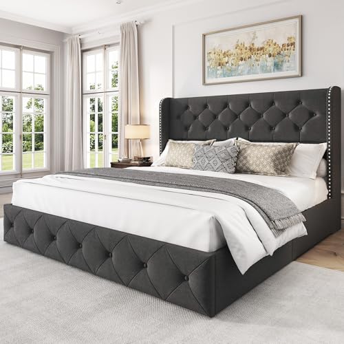King Size Bed Frame with 4 Storage Drawers and Tufted Headboard Linen Upholstered Platform Bed Frame Wingback Beds with Wooden Slats Support