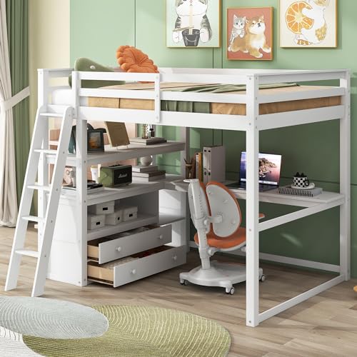 Full Size Loft Bed with Desk & Wardrobe, Solid Wood Kids Loft Bedframe w/3 Storage Drawers & 2 Shelves, Maximum Space Design, for Bedroom, Dorm, Gray