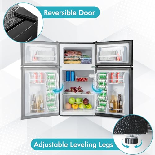COSTWAY Compact Refrigerator, 3.2 Cu.Ft. Fridge Freezer Compartment with Reversible 2 Door, Adjustable Thermostat, Removable Glass Shelves