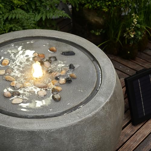 Garden Water Fountain Outdoor Large Round Bubbler Water Feature Indoor with Lights & Pump and Pebbles Concrete Effect for Patio Pool Pond Yard Home