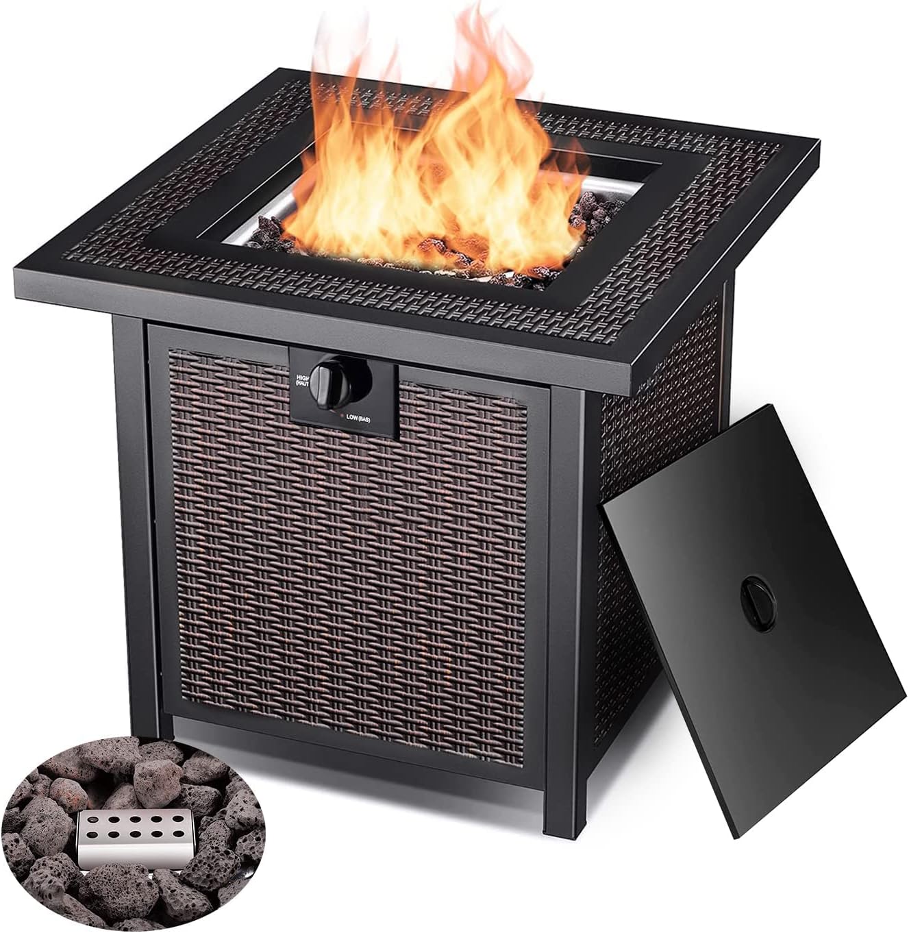 GAOAG Propane Fire Pit Table, 28 Gas Fire Pit,50,000 BTU Auto-Ignition,Outdoor Rattan Square Fire Table with Lid,ETL Certification Summer Table