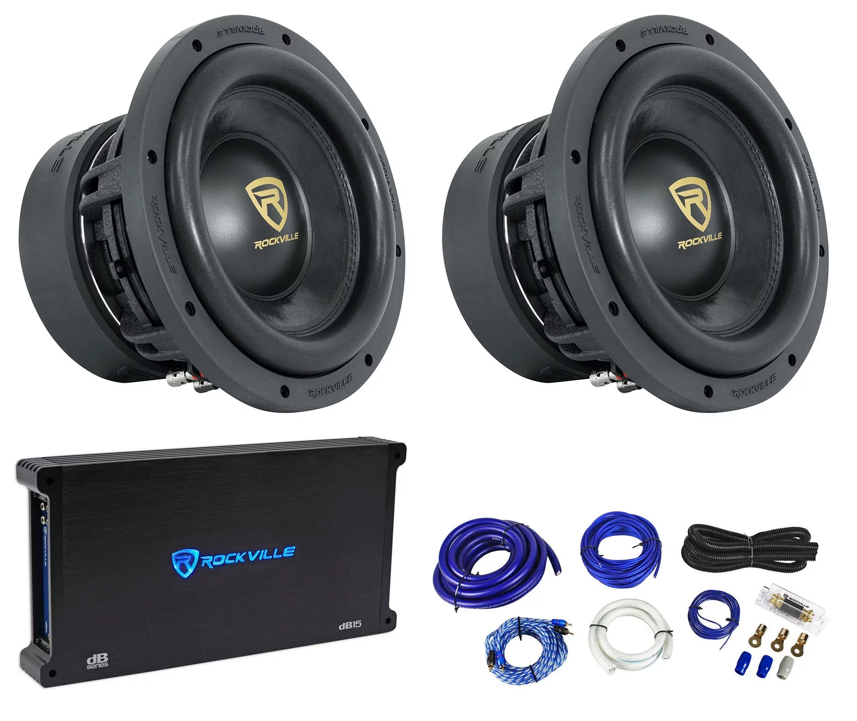 (2) Rockville W10K9D2 10" 6400 Watt Car Subwoofers+Mono Amplifier+Copper Amp Kit