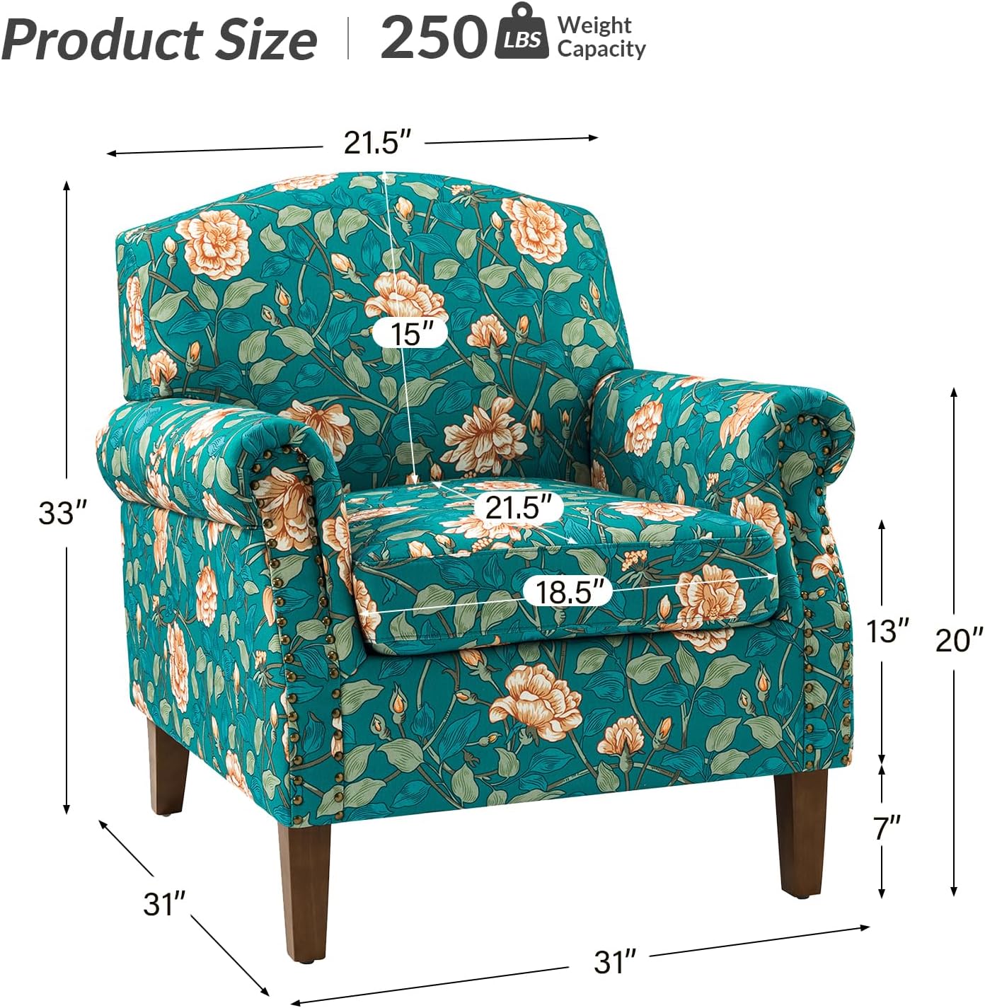 Modern Accent Chair With Wood Legs & Removable Cushion, Comfy Upholstered Armchair Nailhead Trim