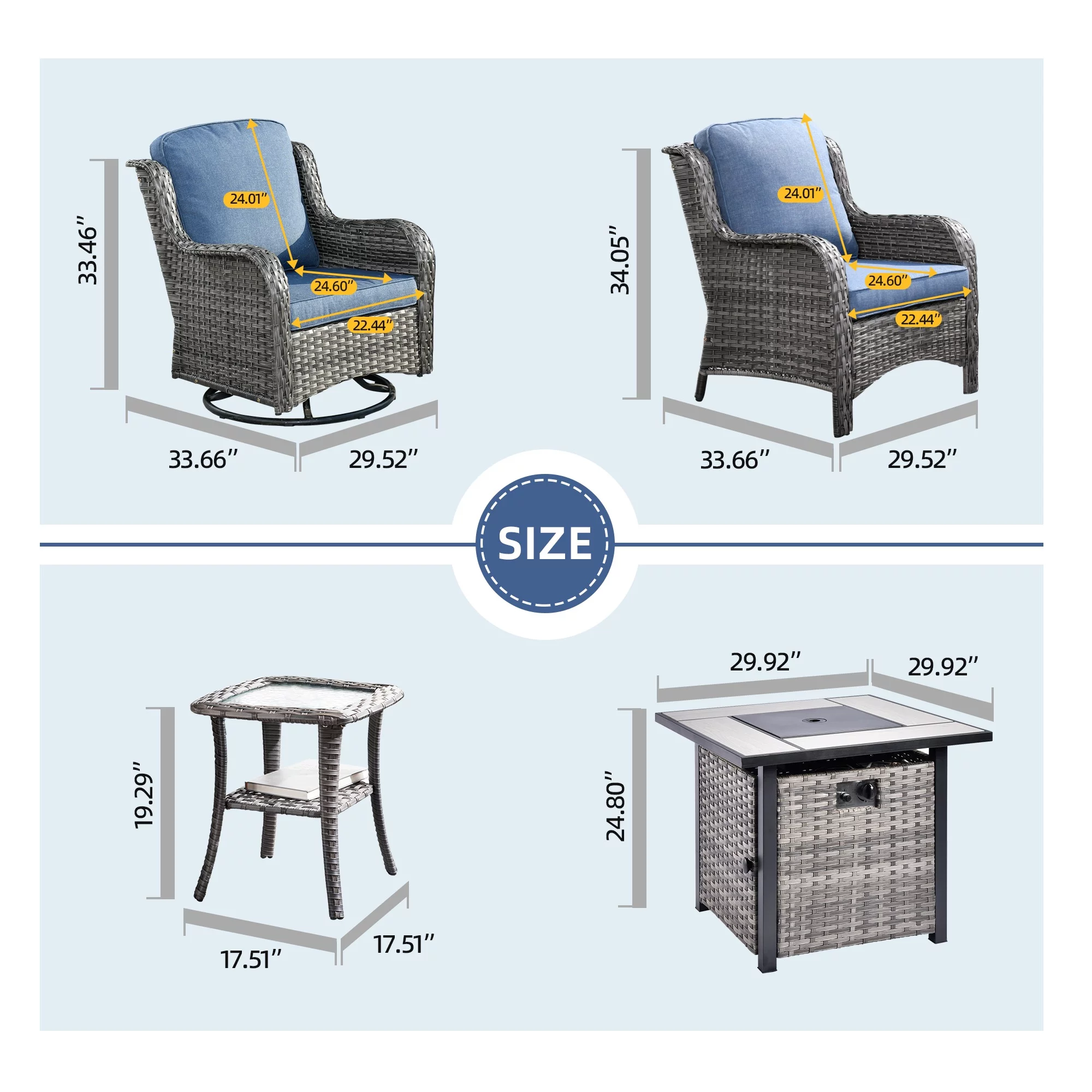 Ovios 6 Pieces Fire Pit Table Set Outdoor Patio Furniture with 30" Gas Fire Pit Table Gray Conversation Set with Swivel Rocking Chair