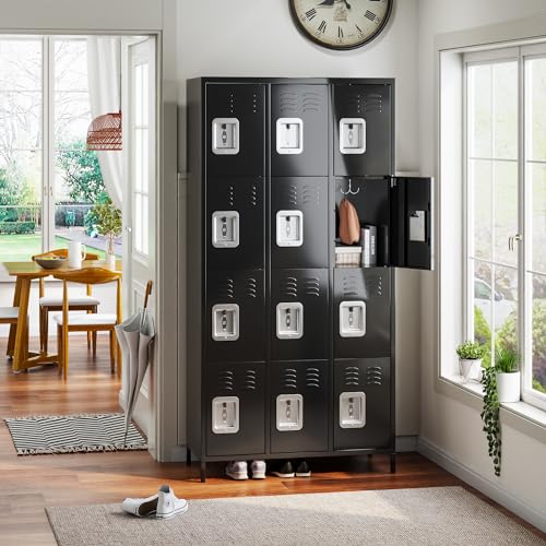 METAN Metal Storage Locker for School Office Gym Bedroom, 12 Doors Locker Cabinet for Employees, Industrial Steel Storage Locker with 12 Hooks