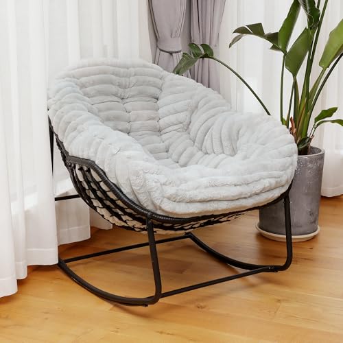 Outdoor Indoor Rocking Chair, Patio Wicker Egg Chair, Indoor & Outdoor Comfy Oversized Papasan Chair with Padded Cushion