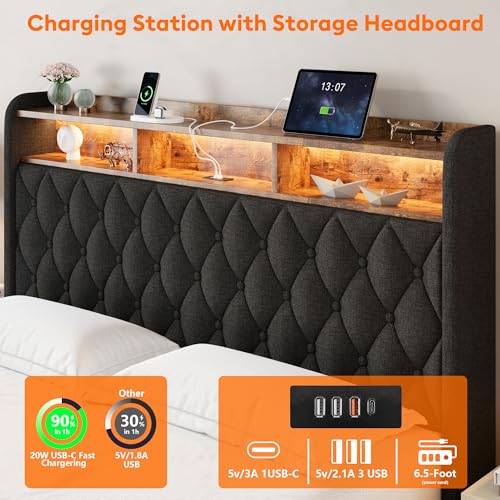 Queen Bed Frame with Storage - Lift Up Queen Size Bed Frame with Headboard, Upholstered Platform Bed with LED Lights & Charging Station