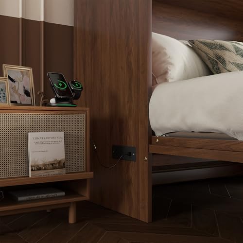KEIKI Queen Murphy Bed Cabinet with Charging Station & Rattan Design – Space-Saving Wall Bed with Large Storage Drawer