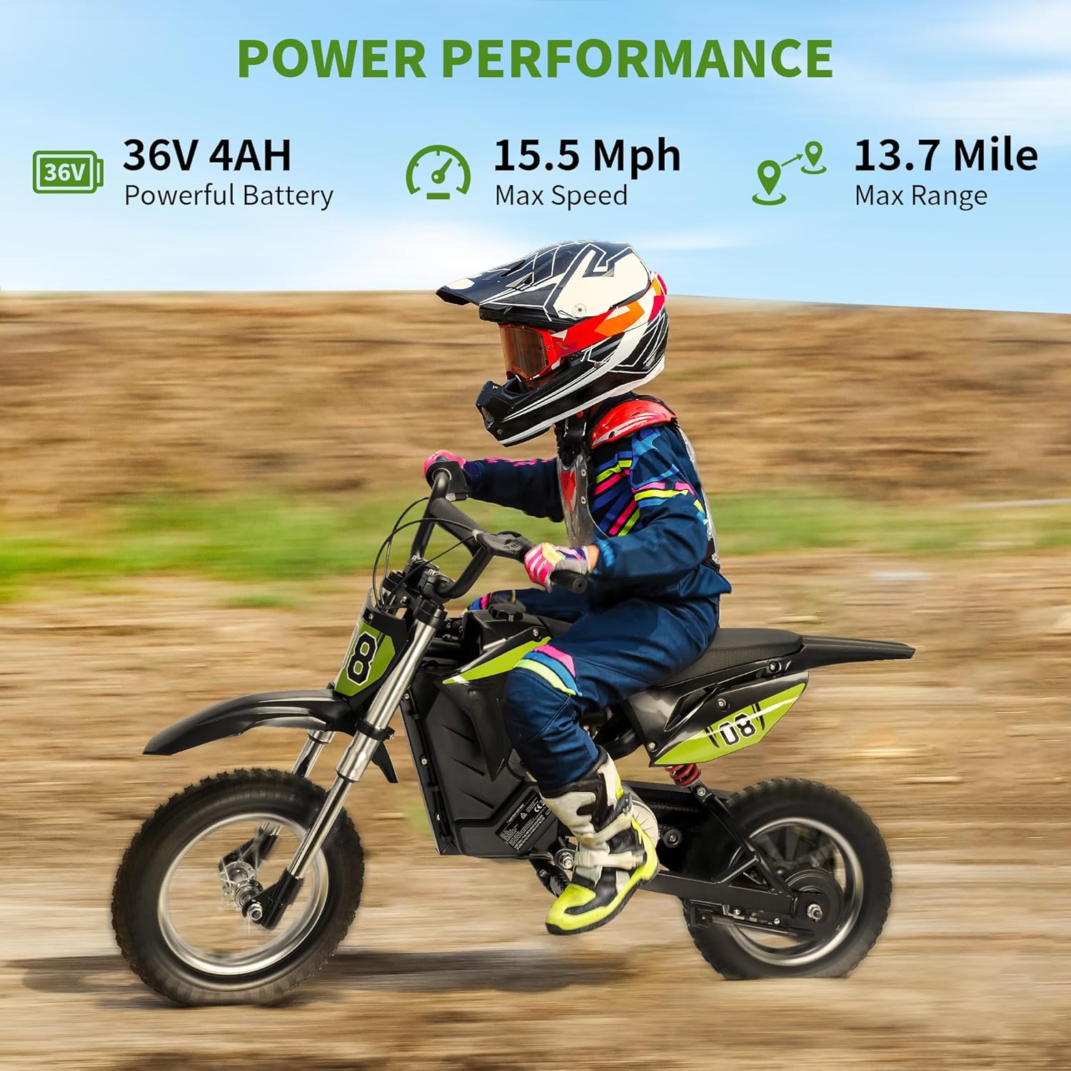 36V 300W Kids Electric Dirt Bike, Ride on Motorcycle Up to 15.5 MPH & 13 Miles Long-Range, 3-Speed Modes Motorcycle for Kids Ages 5-10