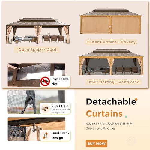 EROMMY 14'x20' Hardtop Gazebo Double Roof Galvanized Steel Canopy Outdoor Aluminum Frame Permanent Metal Pavilion with Netting and Curtains for Patio