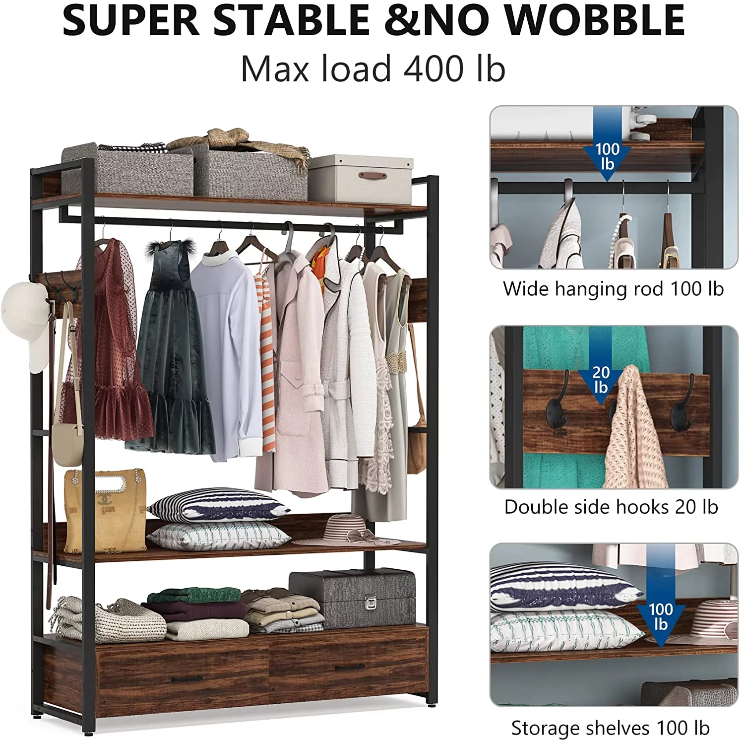Tribesigns Closet, Heavy Duty Clothes Rack with Shelves Hanging Rod and 2 Drawers for Bedroom, Rustic Brown