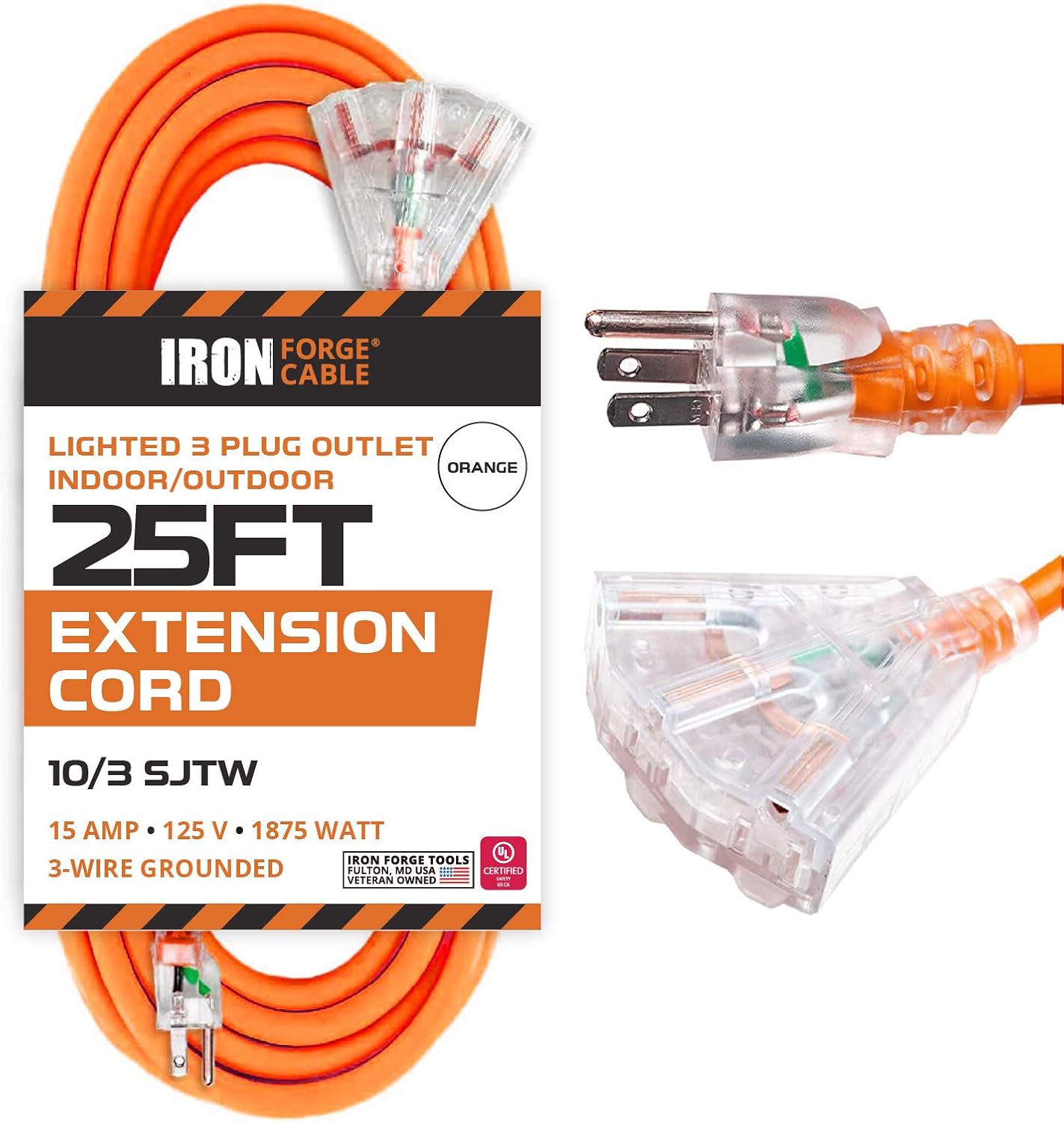 50 Foot Lighted Outdoor Extension Cord with 3 Electrical Power Outlets