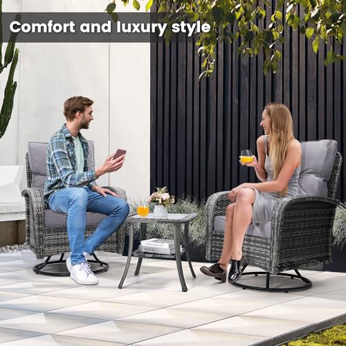 3 Piece Rattan Wicker Bistro Set, Outdoor Conversation Furniture Set with Glass Top Table, Space Saving for Balcony, Backyard, Natural
