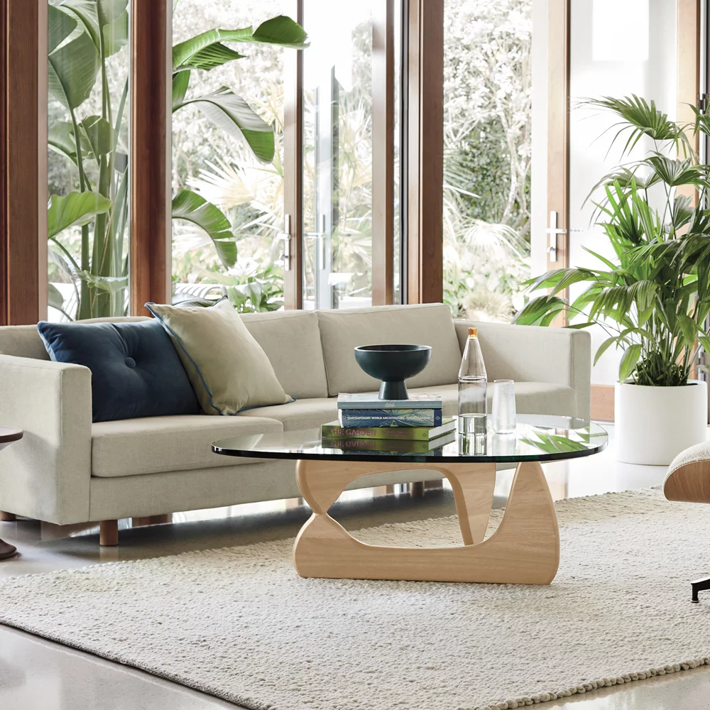 Mid Century End Table Triangle Tempered Glass Coffee Table Solid Wooden Base for Living Room Patio,Nature Wood Color - Radiant Selections