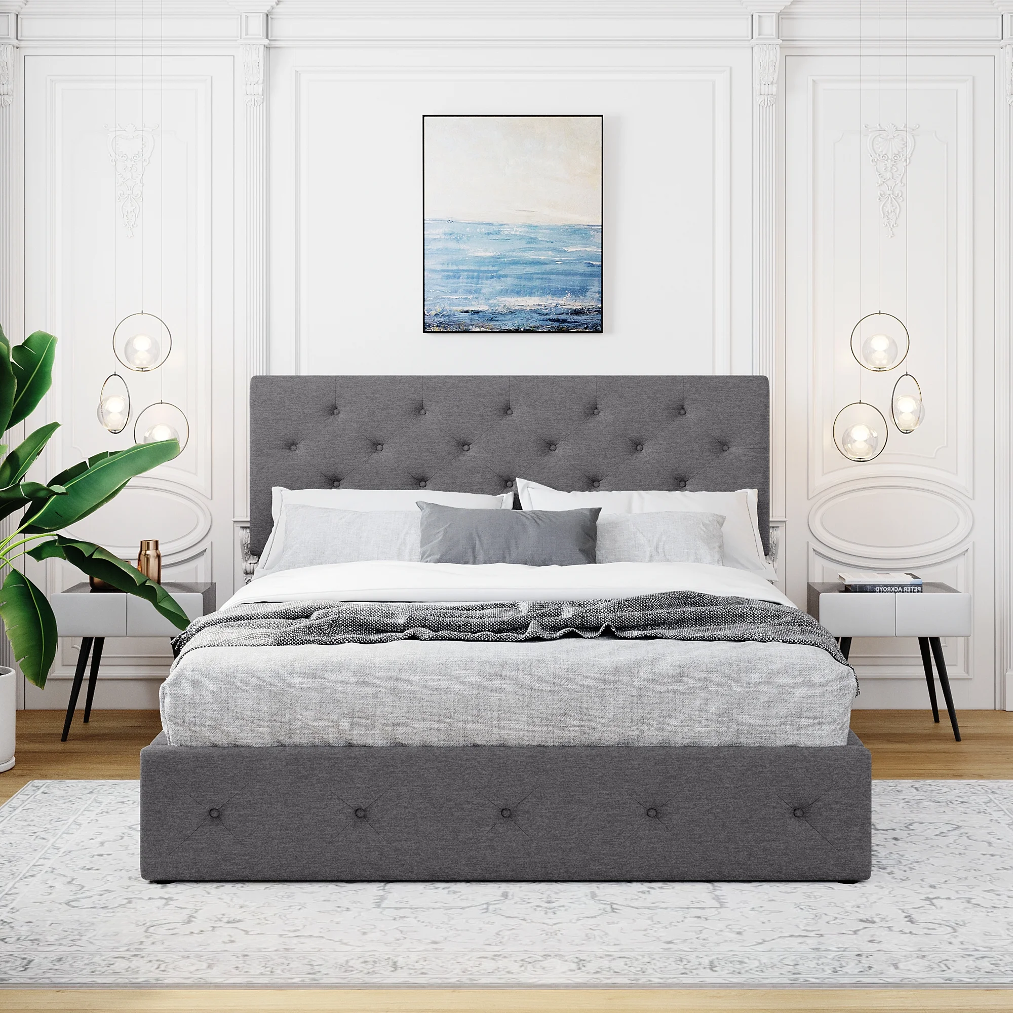 Queen Upholstered Platform Bed Frame with a Hydraulic Storage System. Modern Upholstered Platform Bed. Heavy Duty Bed Frame with Wood Slat Support.