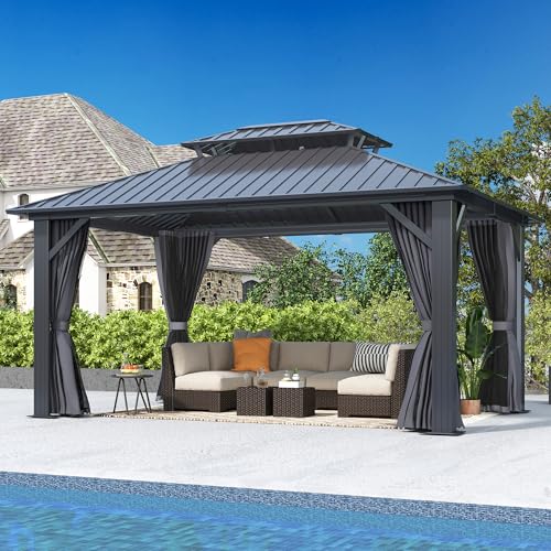 12'x12' Hardtop Gazebo, Outdoor Double Roof Galvanized Steel Gazebos, Aluminum Frame Permanent Pavilion with Curtains & Netting for Backyard, Patio