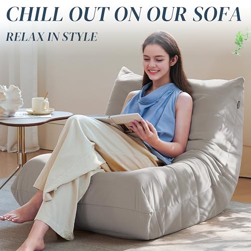 Bean Bag Chair for Adults - Suede & Microfiber Fireside Floor Chair, Comfortable Corner Lounge Sofa for Living Room, Bedroom, Office (3-Seater, Beige)