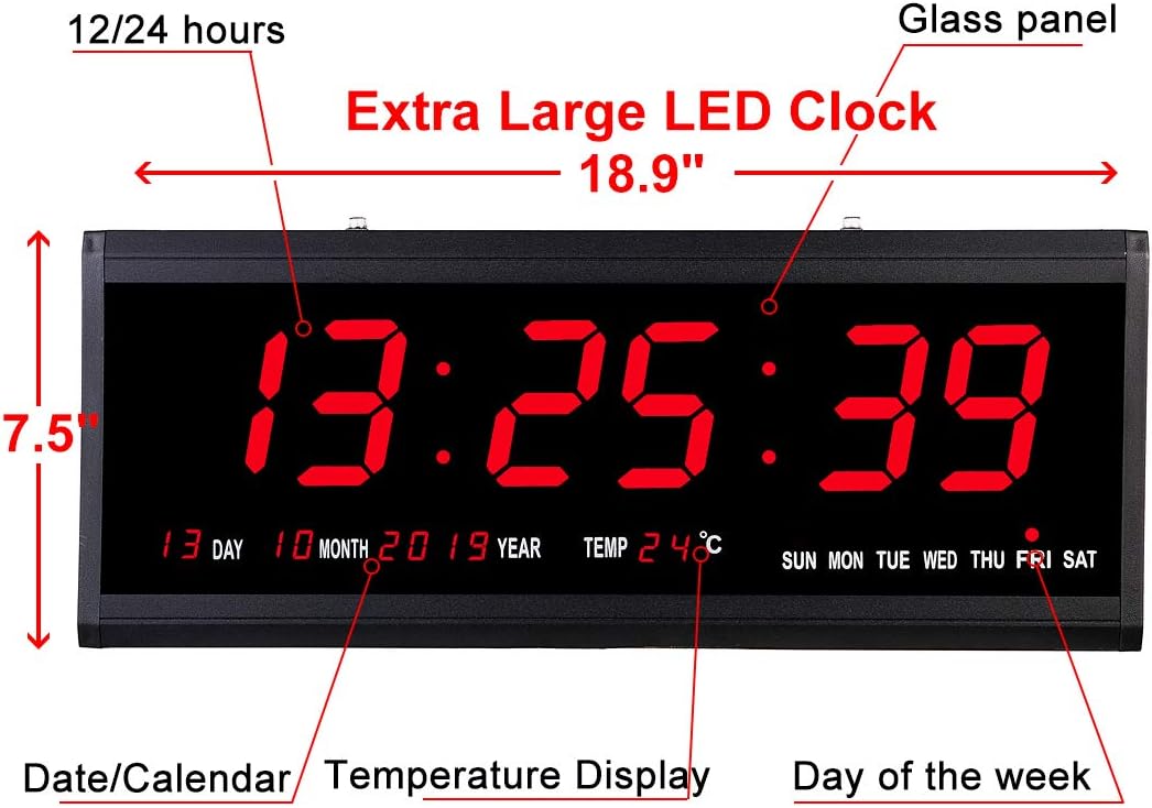 18.9 Inch Oversized LED Digital Wall Clock Large Display with Indoor Temperature Date and Day of Week