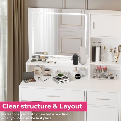 Vanity Desk with Mirror and Light, Large Drawer and Three Level Storage Dresser, 3 Lighting Modes Adjustable Brightness