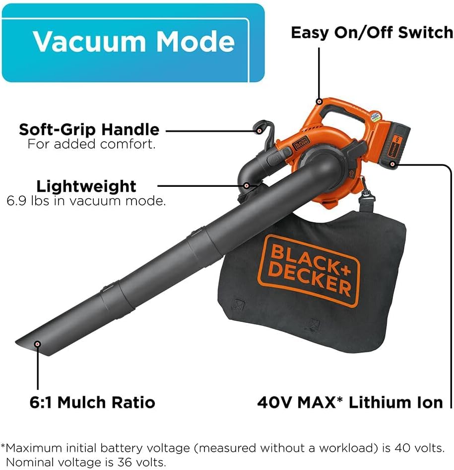BLACK+DECKER 40V Cordless Leaf Blower Kit, 120 mph Air Speed, 6-Speed Dial, Built-In Scraper, With Collection Bag
