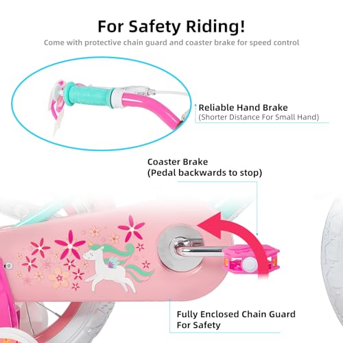 JOYSTAR Unicorn Kids Bike for Girls Ages 2-9 Years Old, 12 14 16 18 Inch Kids Bike with Training Wheels, Doll Seat, Streamers and Basket
