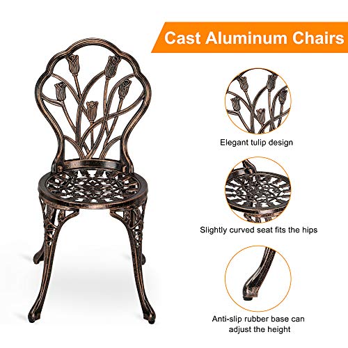 HOMEFUN Bistro Table and Chairs Set of 2 Outdoor 3 Piece Patio Set, Rose Pattern Cast Aluminum Bistro for Garden Balcony
