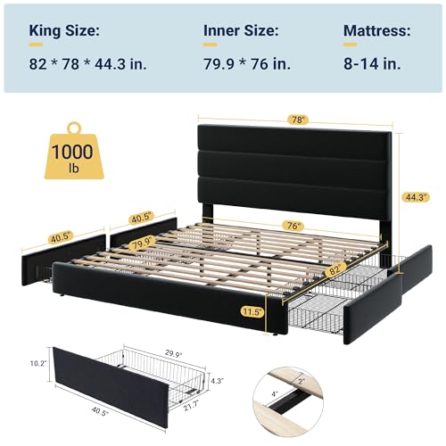 Allewie Modern Full Size Platform Bed Frame with 4 Storage Drawers and Velvet Upholstered Headboard, Wooden Slats Support