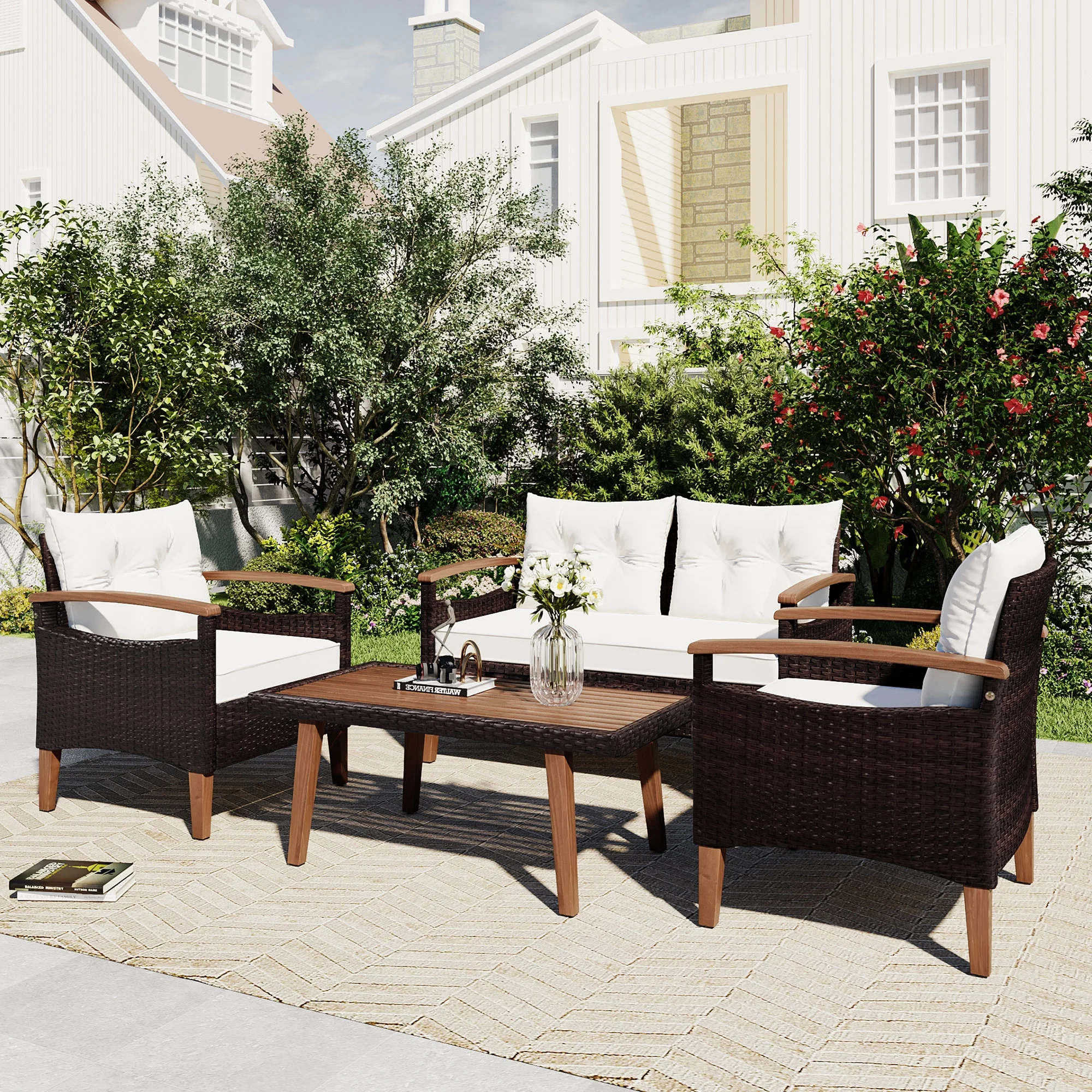 Churanty Patio Conversation Set, 4-Piece Outdoor Garden Furniture Set, Patio Seating Set, PE Rattan Outdoor Sofa Set, Wood Table and Legs