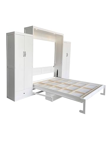 Queen Size Murphy Bed with Desk & Charging Station,Wall Bed Frame Folding into Cabinet Design w/LED & Storage Shelf for Small Space,Bedroom