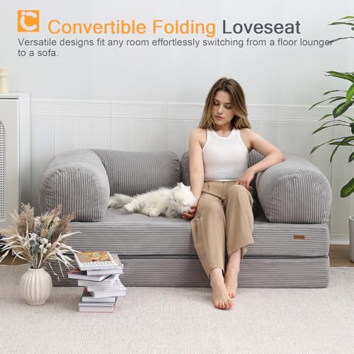 COMAX Folding Sofa Bed, Convertible Chair Bed Corduroy 3-in-1 Foldable Floor Couch with High-Density Foam, Futon Sofa Sleeper Mattress
