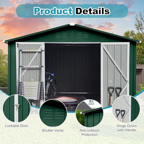 8x6 FT Outdoor Storage Shed, Metal Tool Shed with Lockable Doors, Peaked Roof & Frame Floor