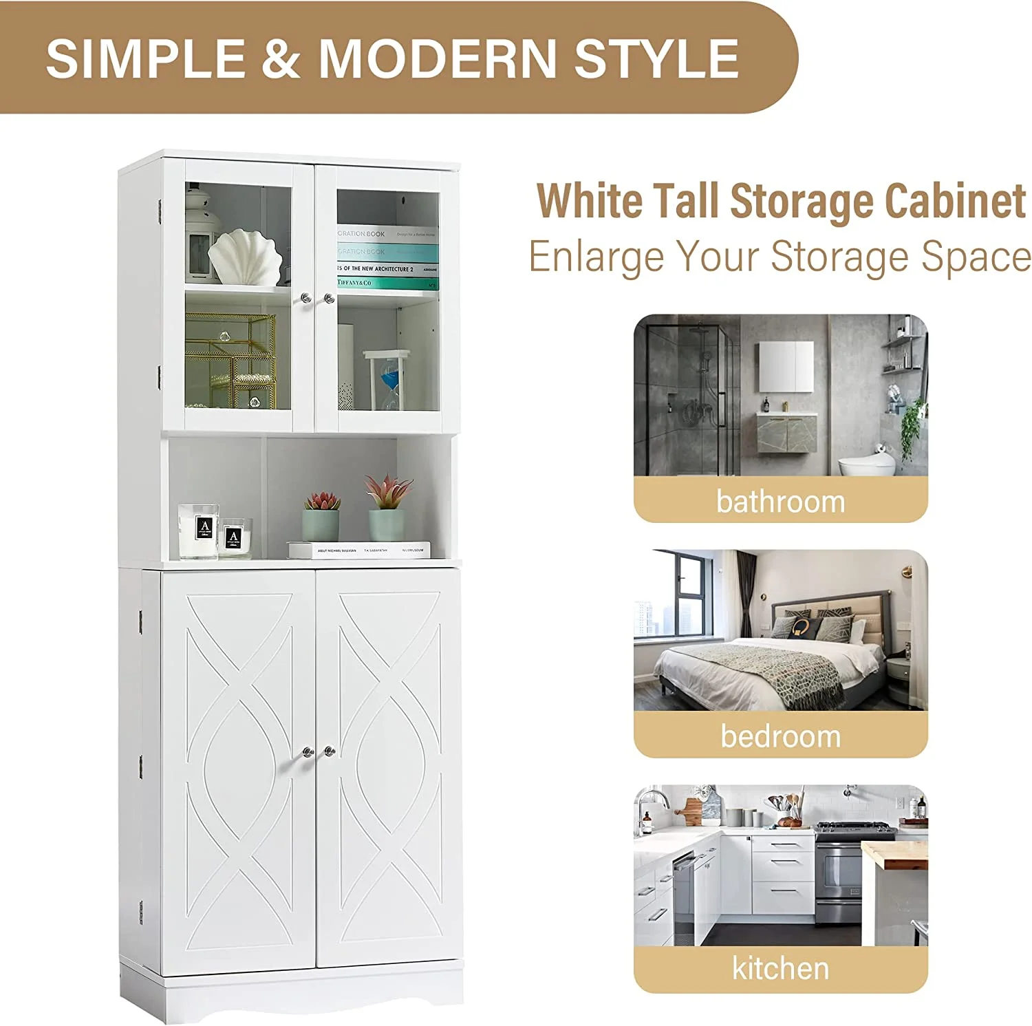 WANHUI, White Bathroom Storage Cabinet with Glass Doors, Open Bookcase, Pantry Cupboard, Adjustable Shelves